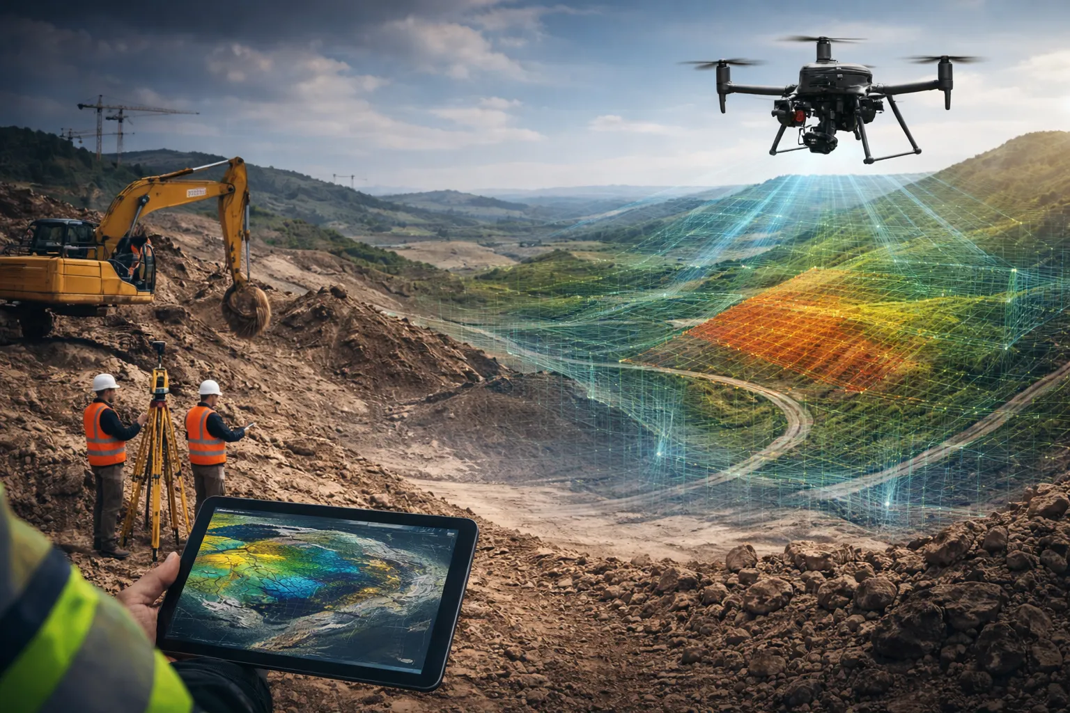 Dron relevando una obra y modelo 3D del terreno en una tablet